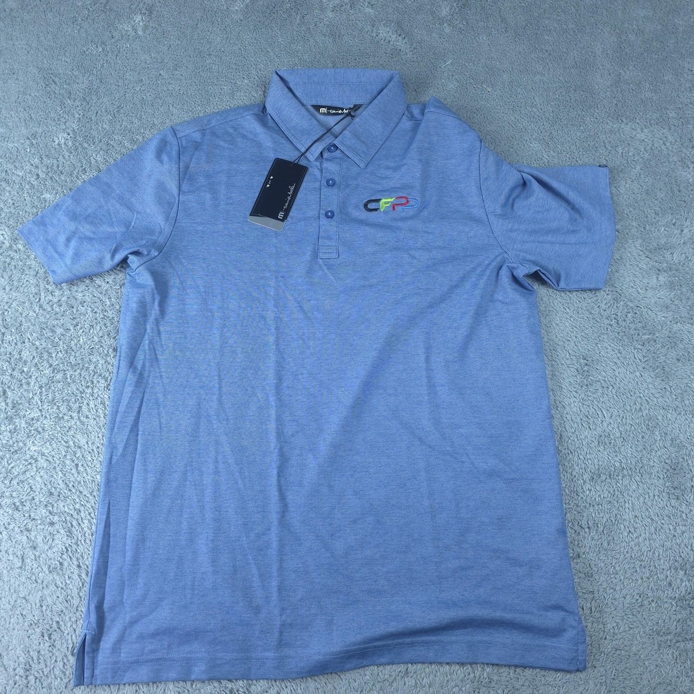 TravisMathew Polo Shirt Mens Large Blue Solid CFP Logo Pima Cotton Golf Stretch